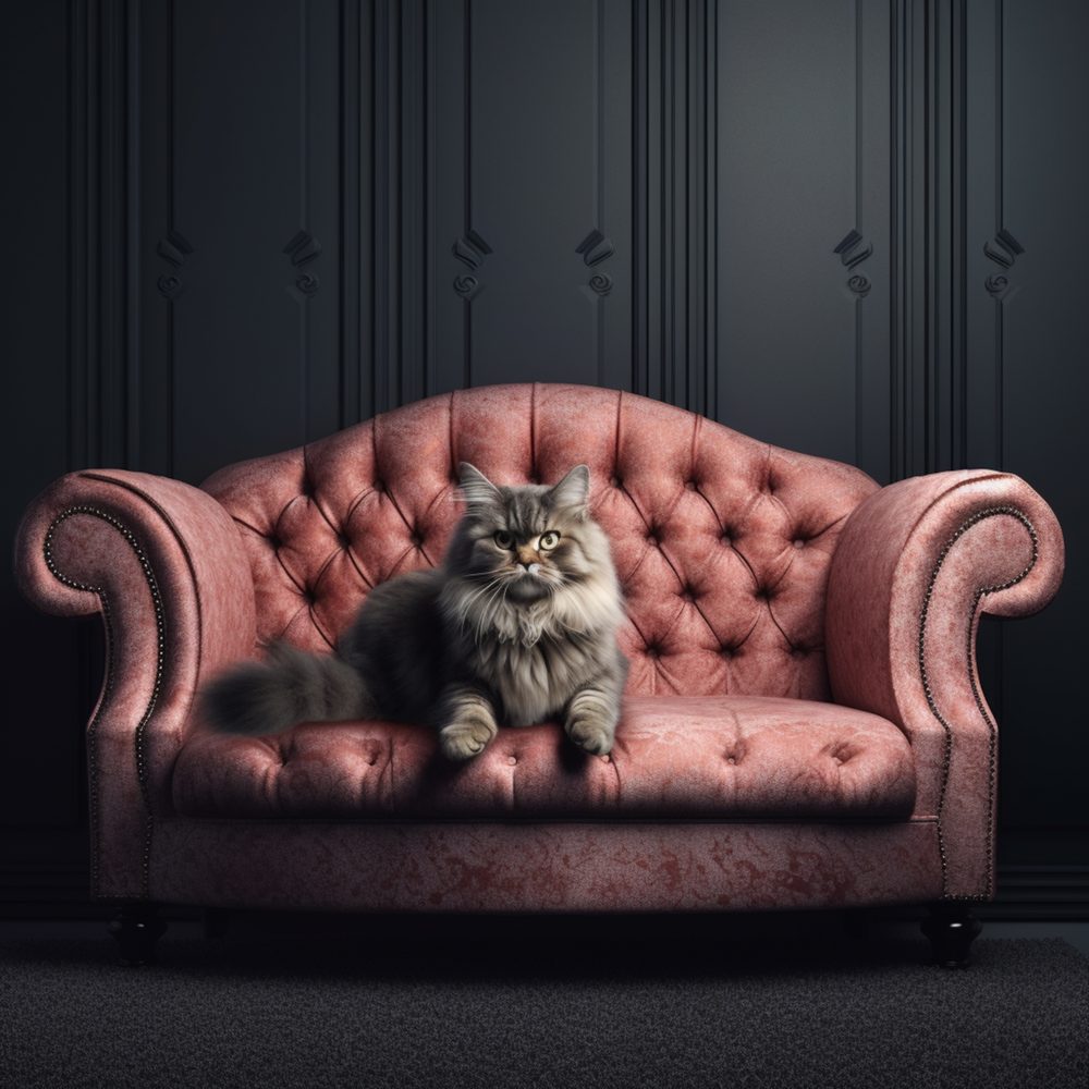 Chat domestique allongé sur un canapé en tissu près de coussins.