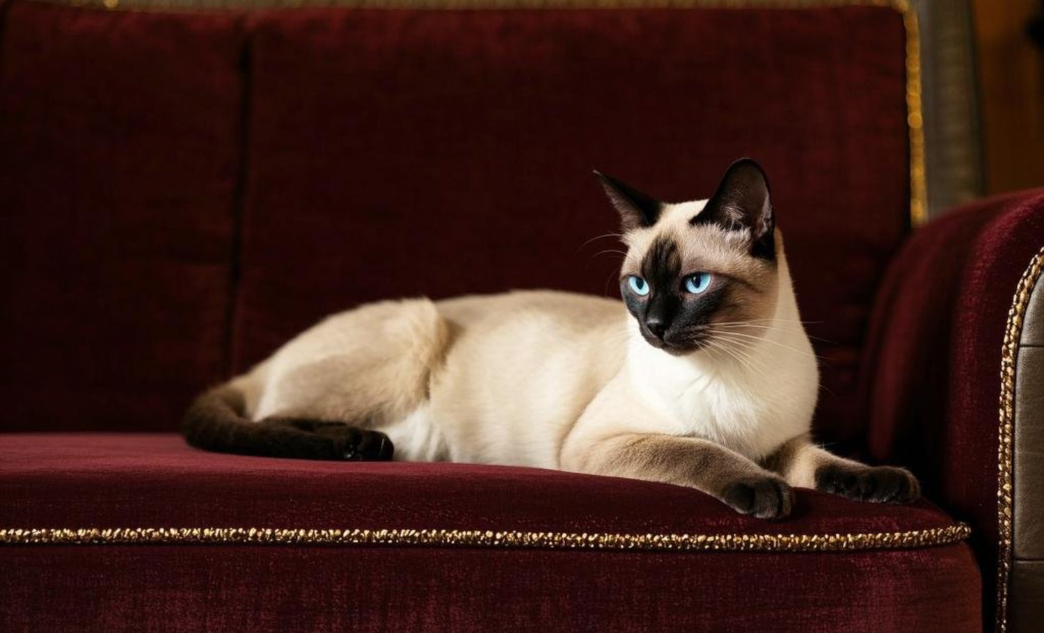 Chat installé sur un canapé en velours dans un salon lumineux.
