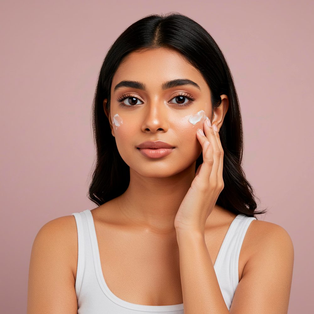 Routine de soins visage matinale avec plusieurs produits disposés sur un lavabo.