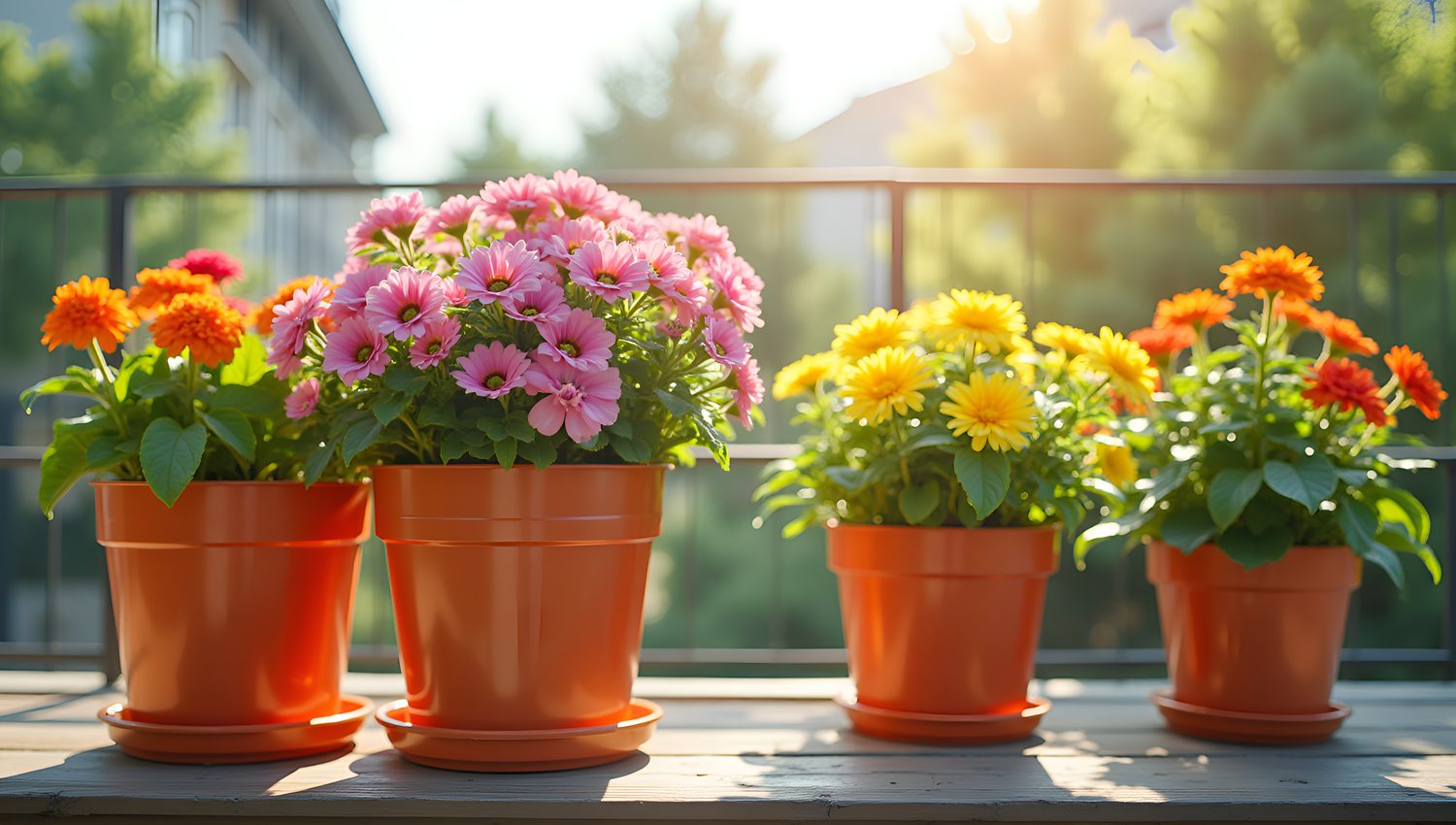 Terrasse ensoleillée décorée de plantes fleuries en pots résistantes à la chaleur.