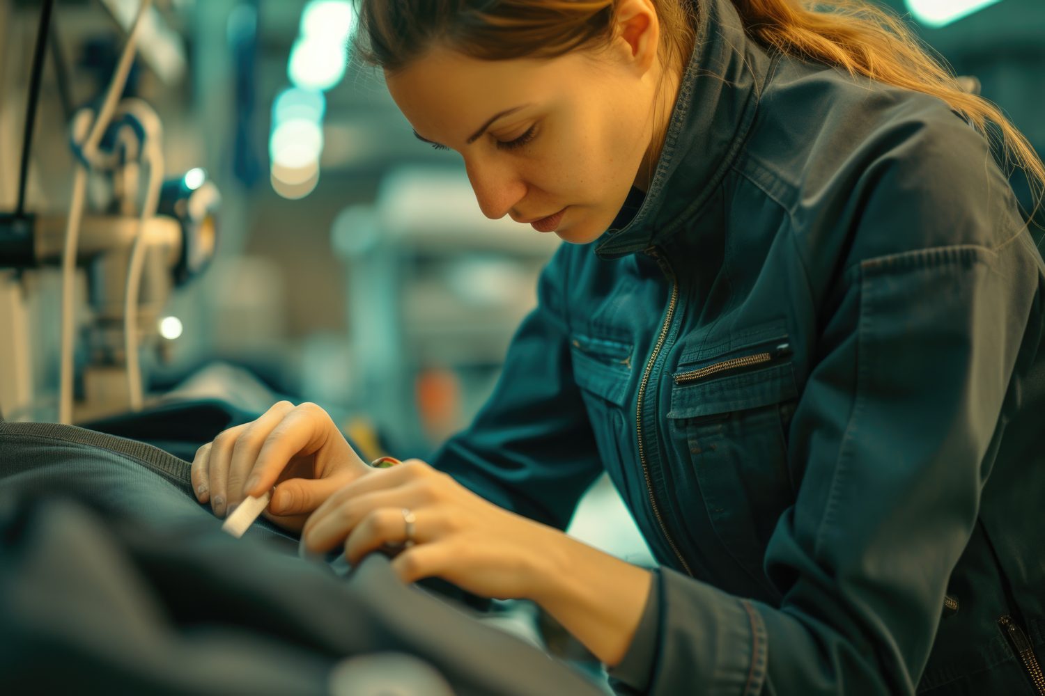 Personne examinant attentivement les coutures d’une veste en magasin pour évaluer la qualité du vêtement.