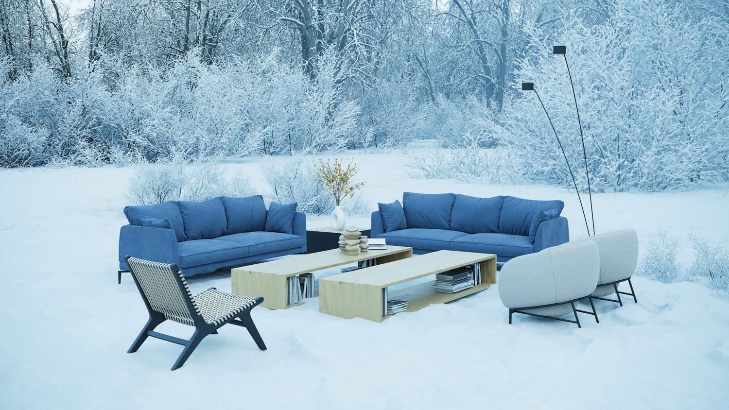 Salon de jardin en résine installé sur une terrasse extérieure en hiver.