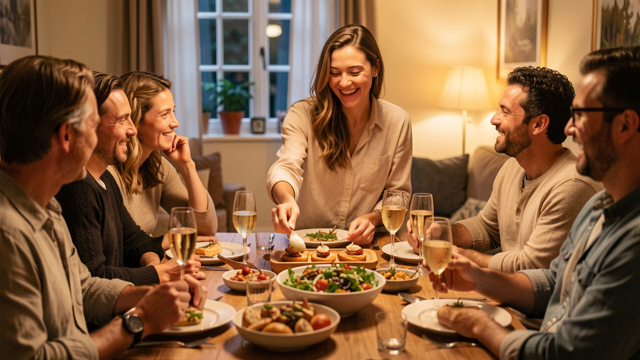 Une femme organise une table conviviale avec des plats prêts à servir pendant que ses amis se détendent dans une maison chaleureuse.