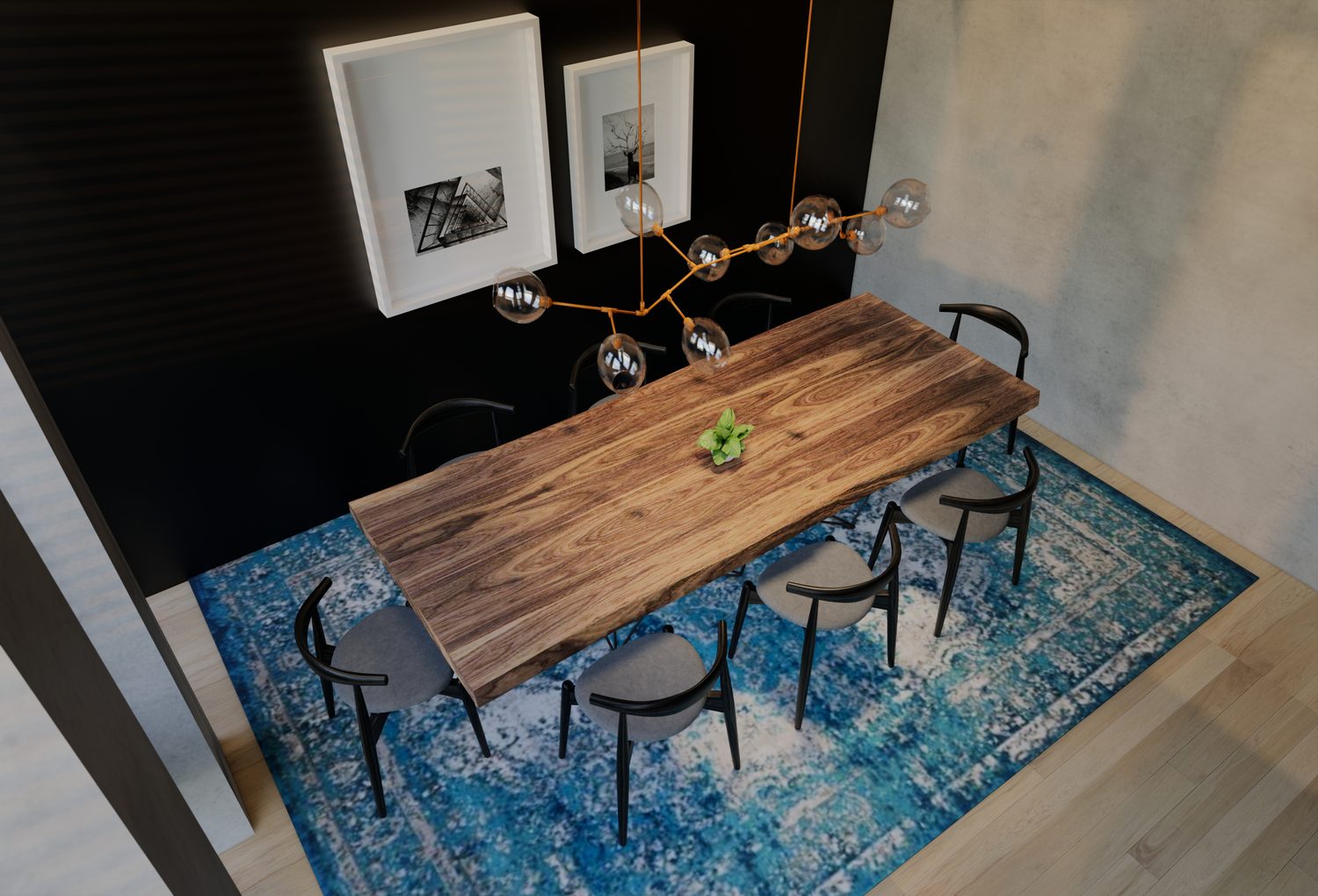 Table de salle à manger installée sur un tapis rectangulaire qui dépasse largement autour des chaises.