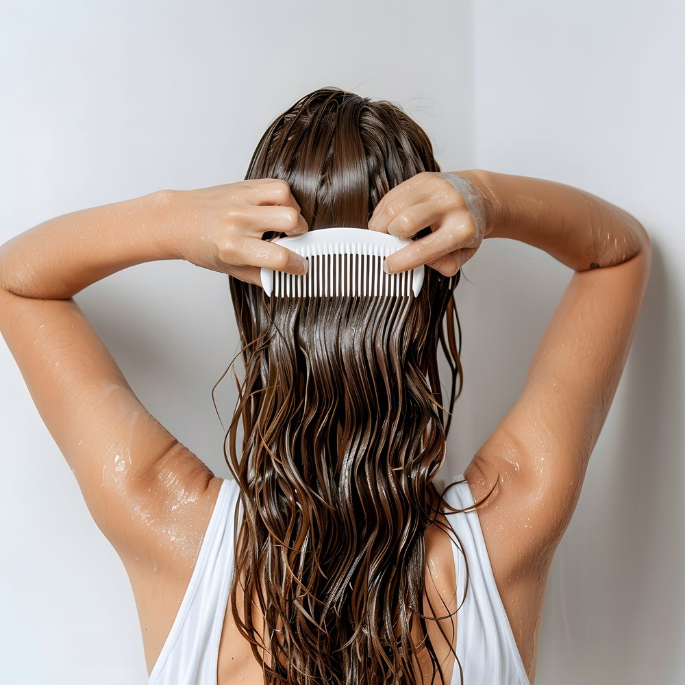 Gros plan sur une brosse glissant dans les longueurs pour démêler les cheveux sans douleur.