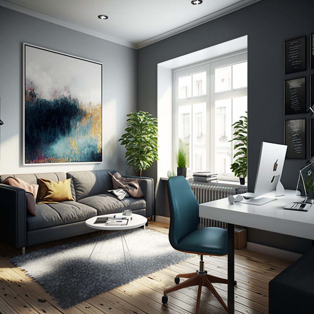 Petit espace de travail intégré harmonieusement dans le salon, entre une étagère et un canapé.