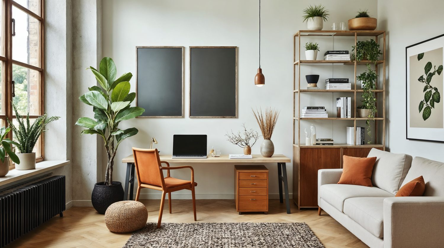 Coin bureau aménagé dans un salon lumineux, avec un bureau compact près du mur et une chaise confortable.