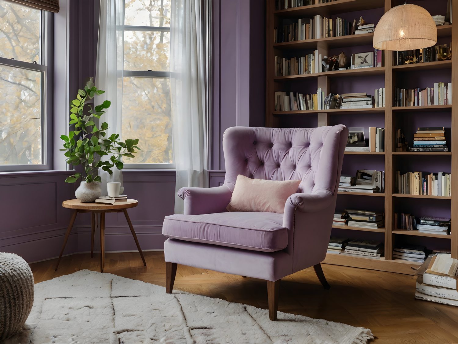 Petit coin lecture aménagé près d’une fenêtre avec un fauteuil, une lampe et une étagère murale.