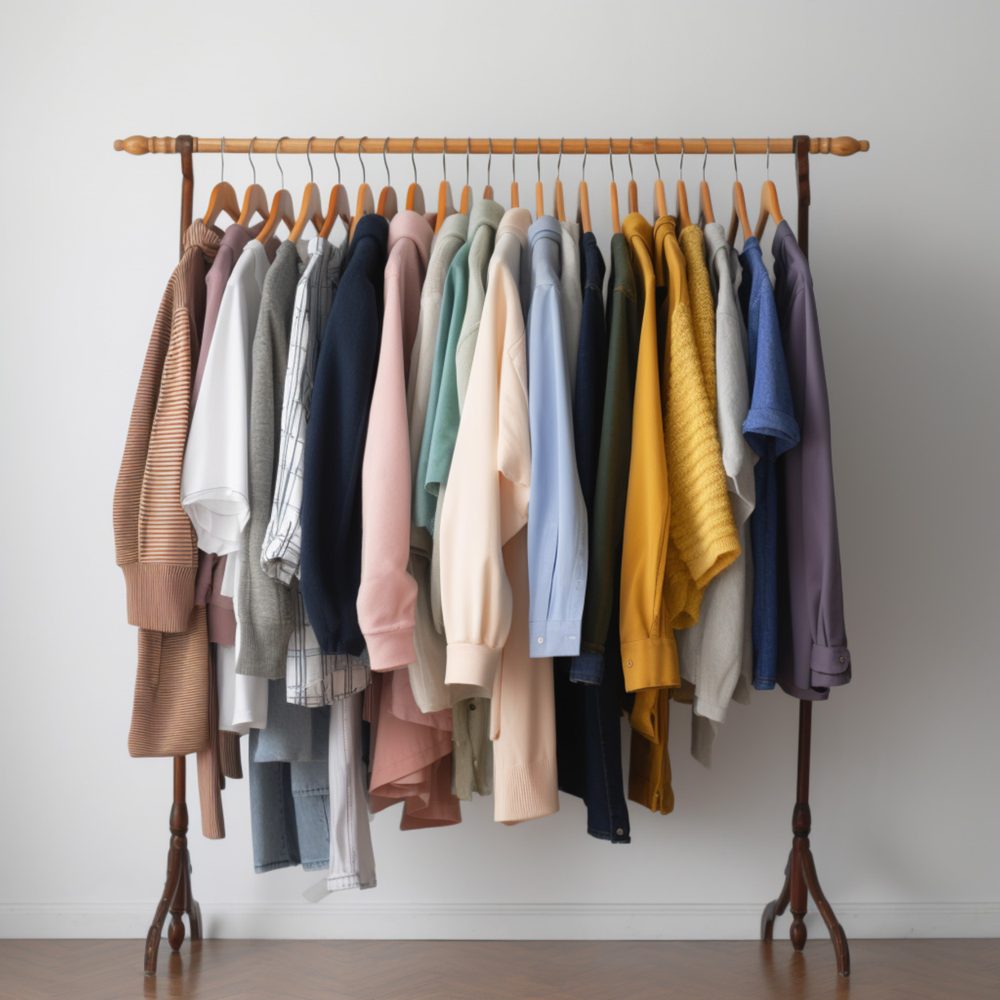 Vêtements polyvalents et coordonnés organisés sur un portant pour créer une capsule de 20 pièces.