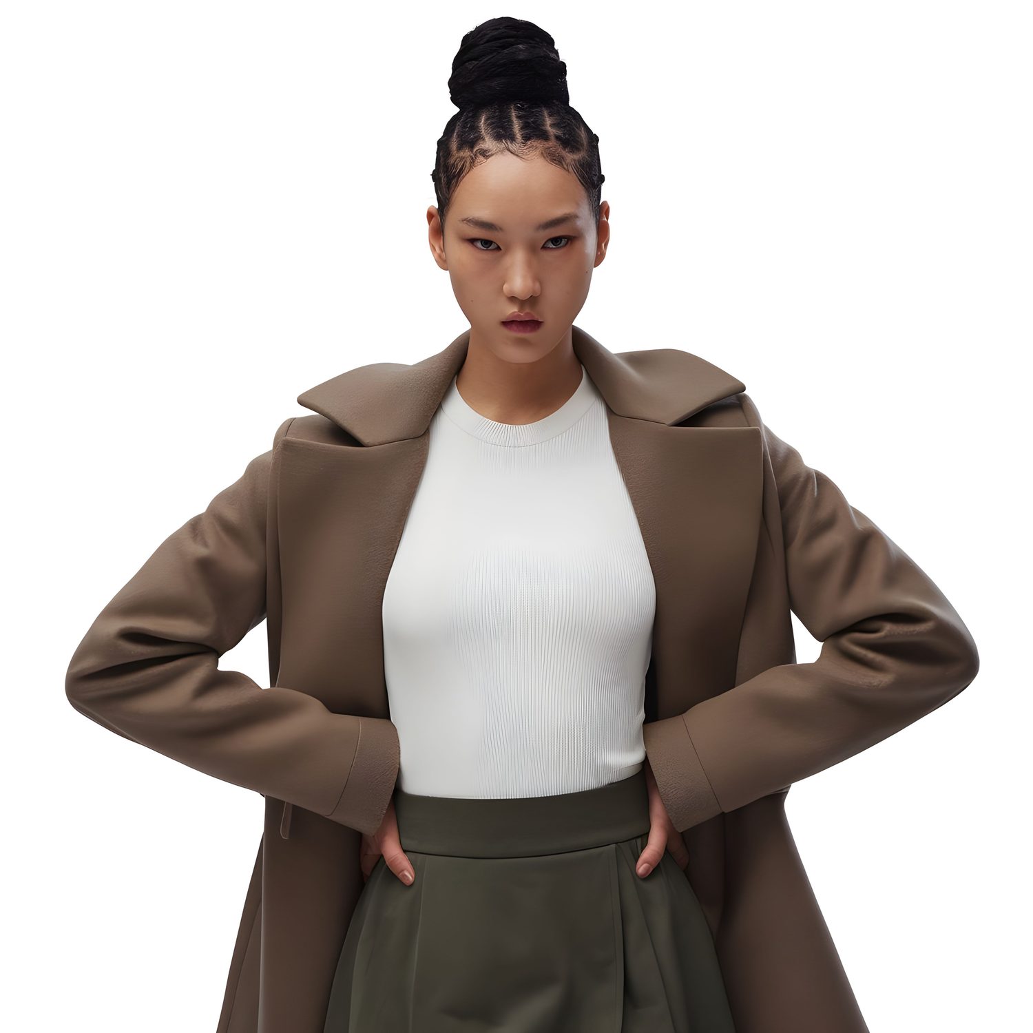 Femme portant un manteau chaud léger lors d’une promenade en ville par temps frais.