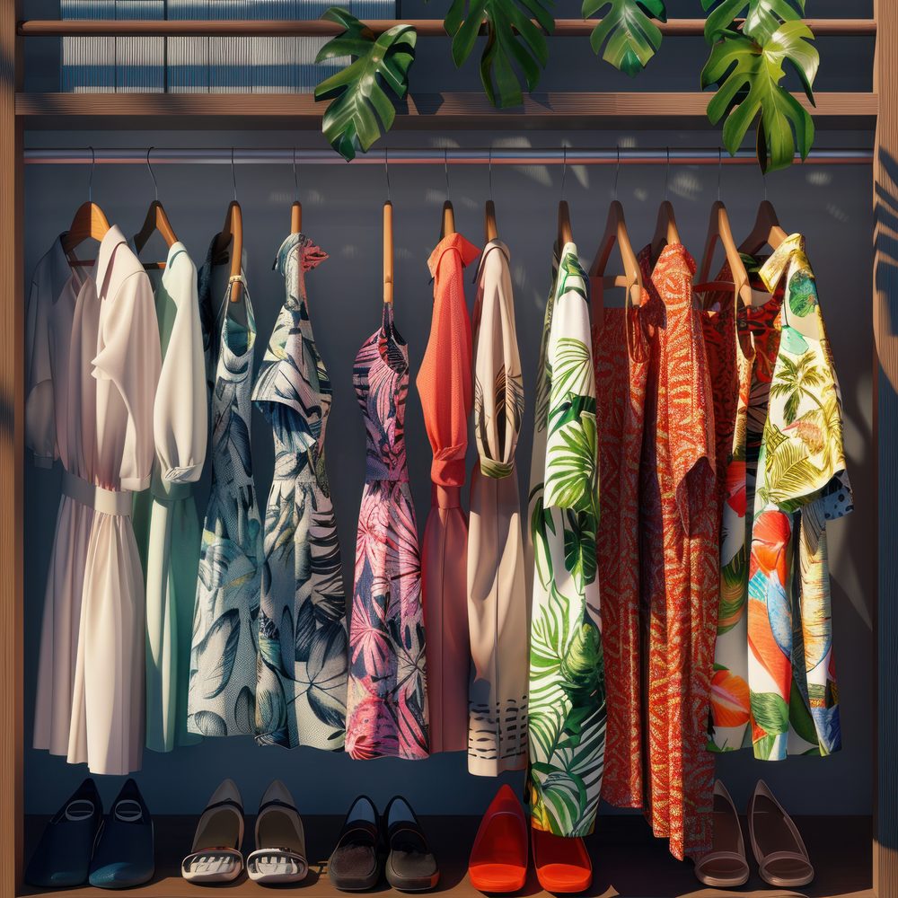 Chemises et robes estivales aux matières respirantes suspendues dans une boutique lumineuse.
