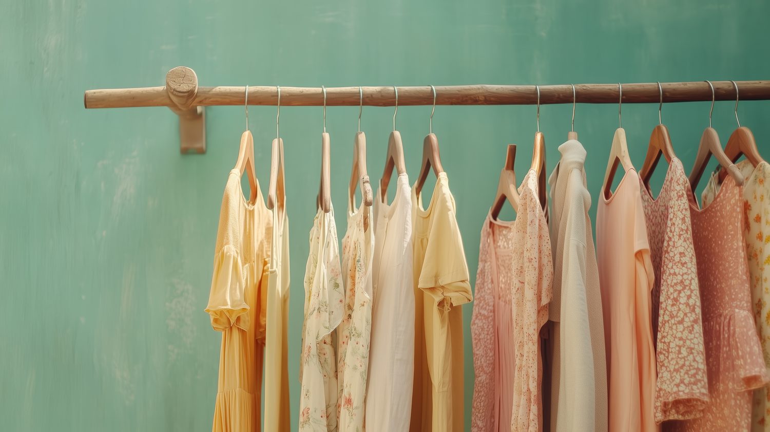 Sélection de vêtements d’été légers en lin, coton et viscose présentés sur un portant.