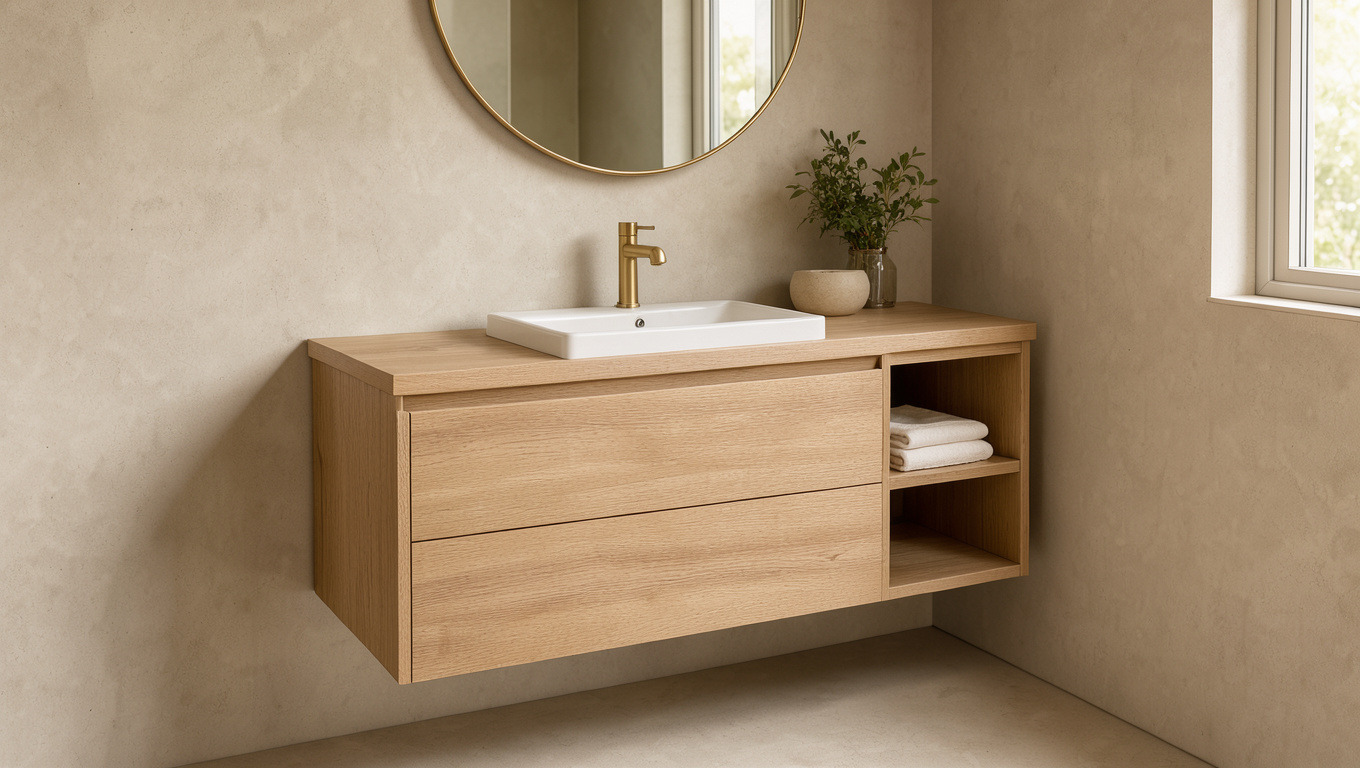Petite salle de bains moderne avec un meuble vasque suspendu blanc, des rangements en bois clair et une décoration conçue pour optimiser l’espace.