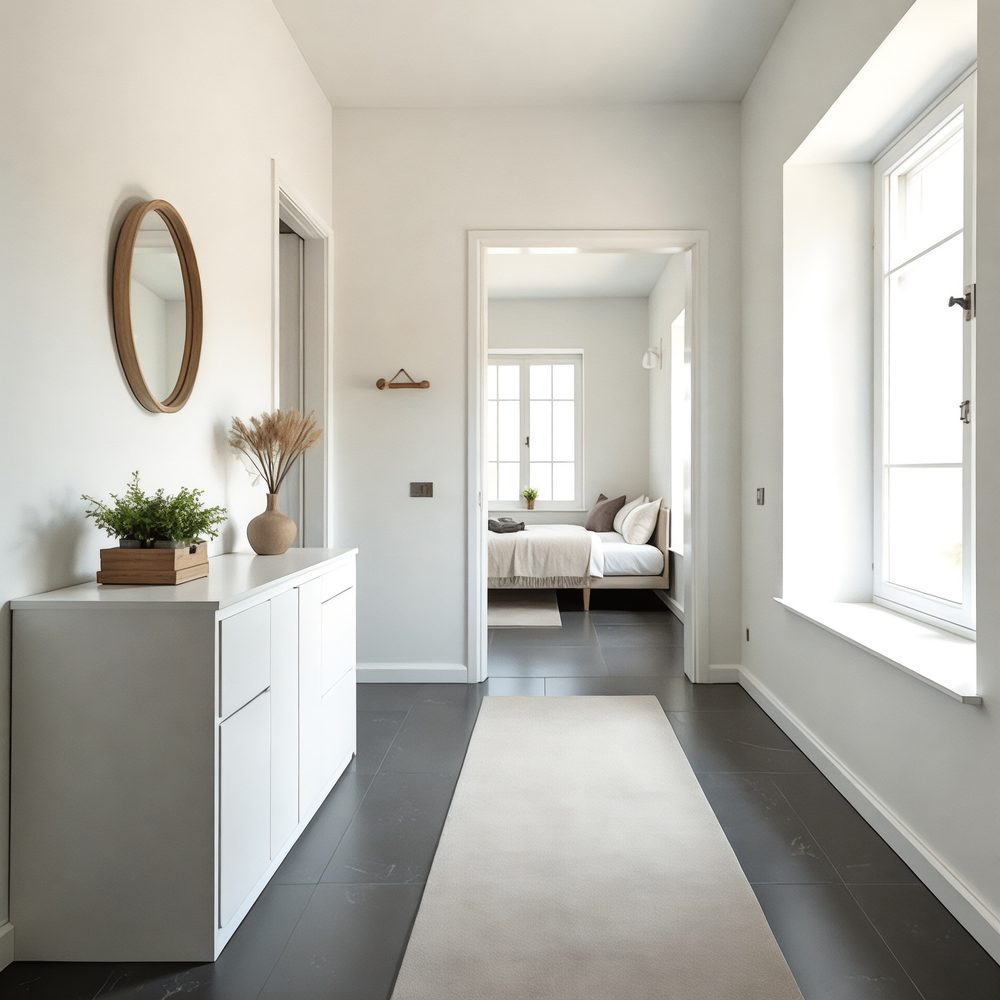 Entrée étroite aux murs blancs et lumineux, décorée d’un miroir pour agrandir visuellement l’espace.