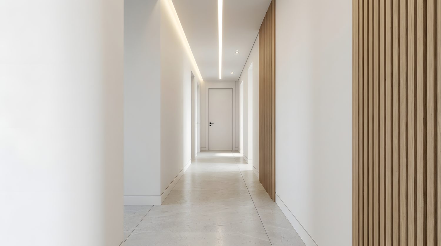 Couloir sombre repeint dans une teinte claire, avec une lumière naturelle qui éclaire les murs et le sol.
