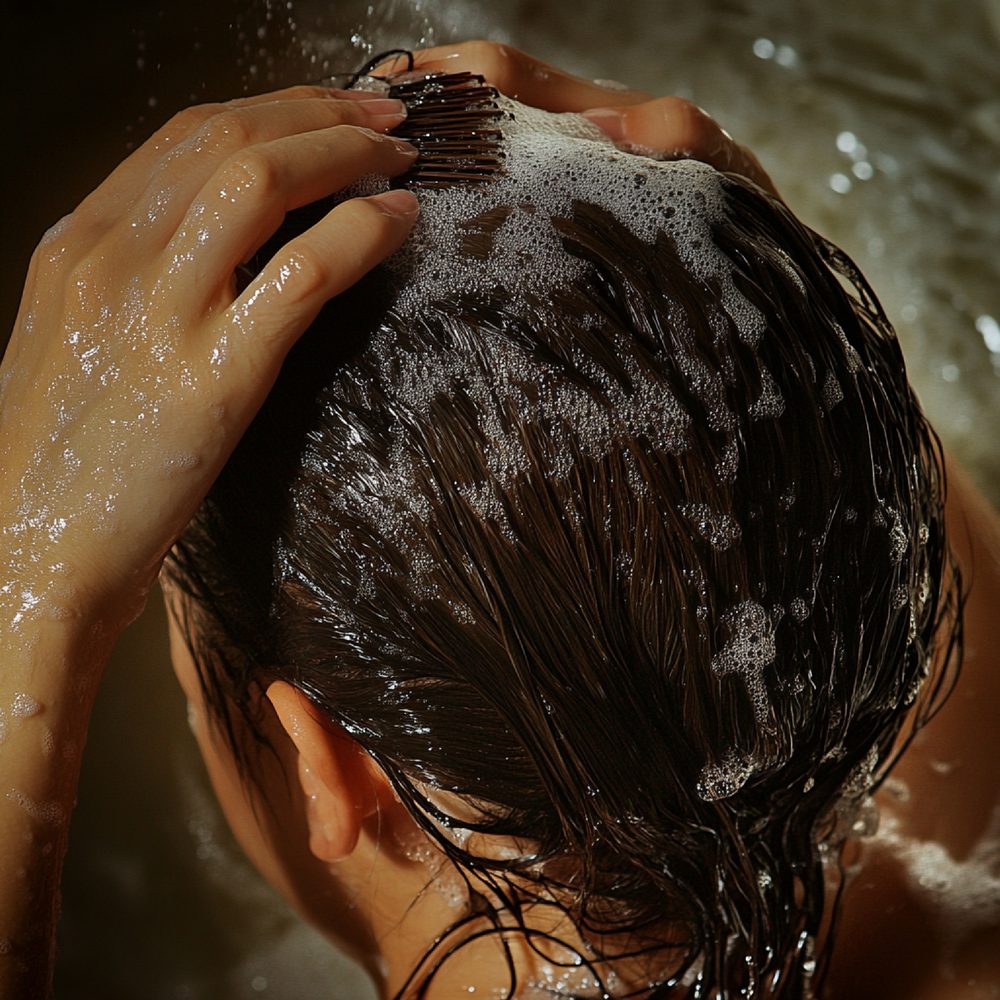 Cheveux d’une femme montrant des racines grasses et des pointes sèches pendant le lavage.