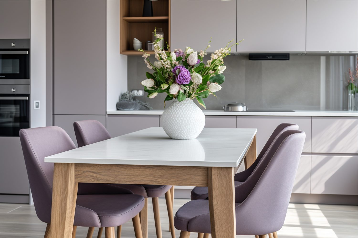 Petite table installée dans une salle à manger compacte.